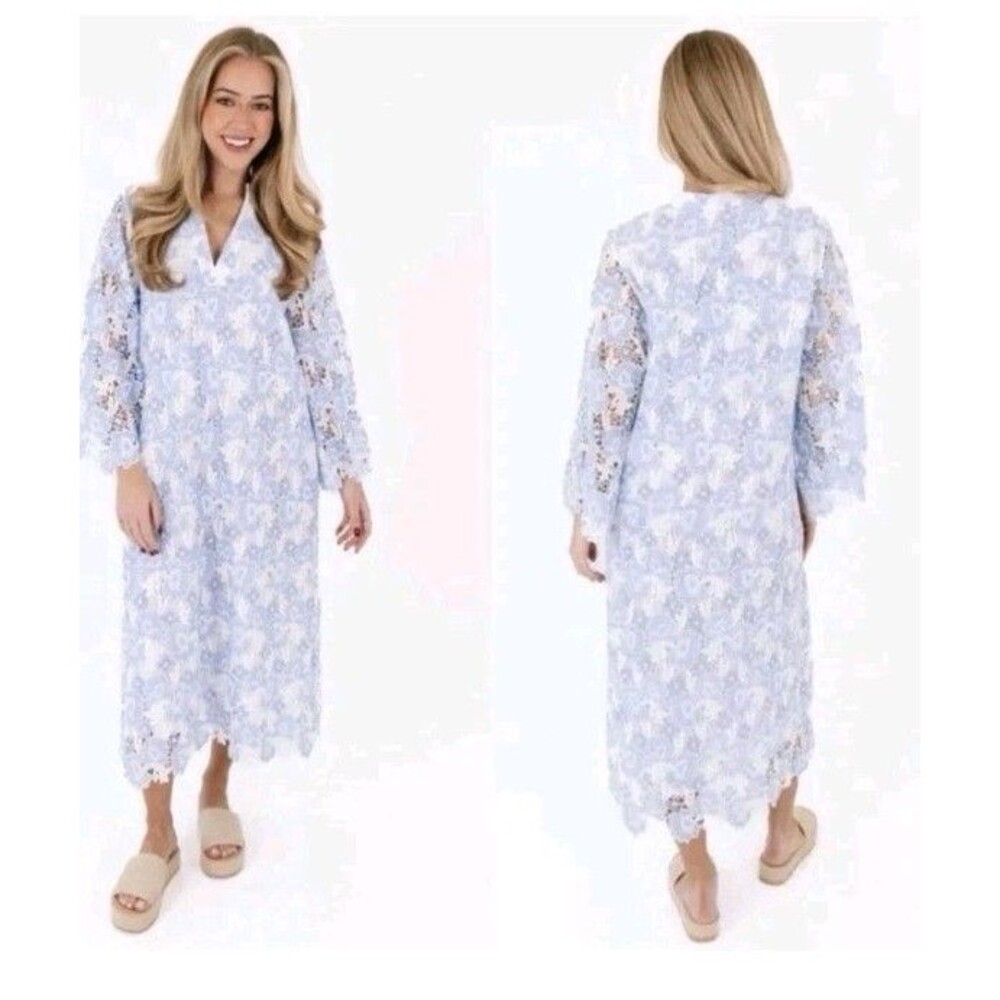 J. Marie Small Maggie Light Blue White Lace Midi Dress Kaftan 3/4 Sleeve Small